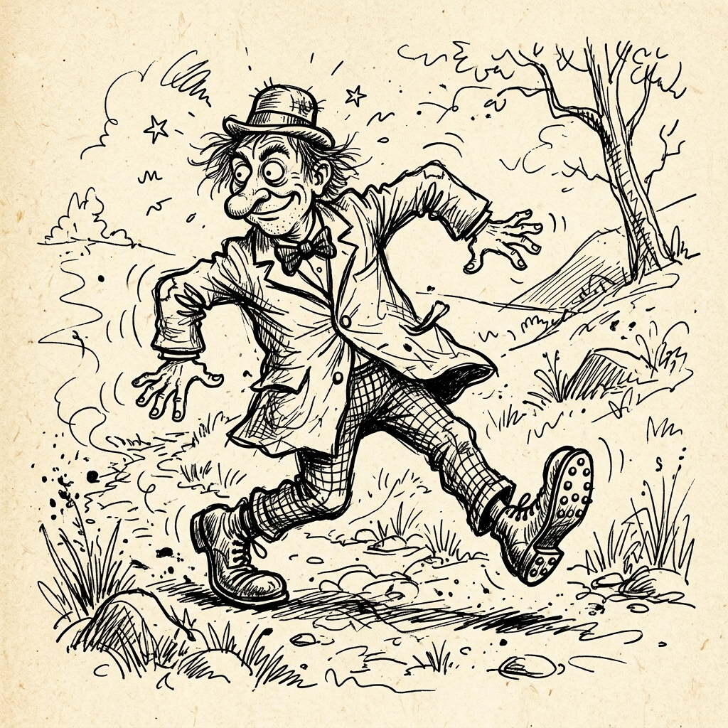 A funny cartoon man walking backwards with his feet turned completely backwards.