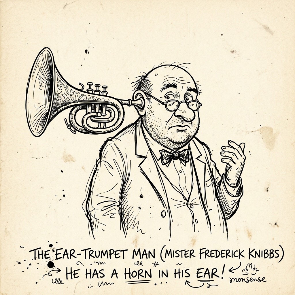 A comical cartoon bald man with a large, ornate brass trumpet-shaped ear attached to his head.
