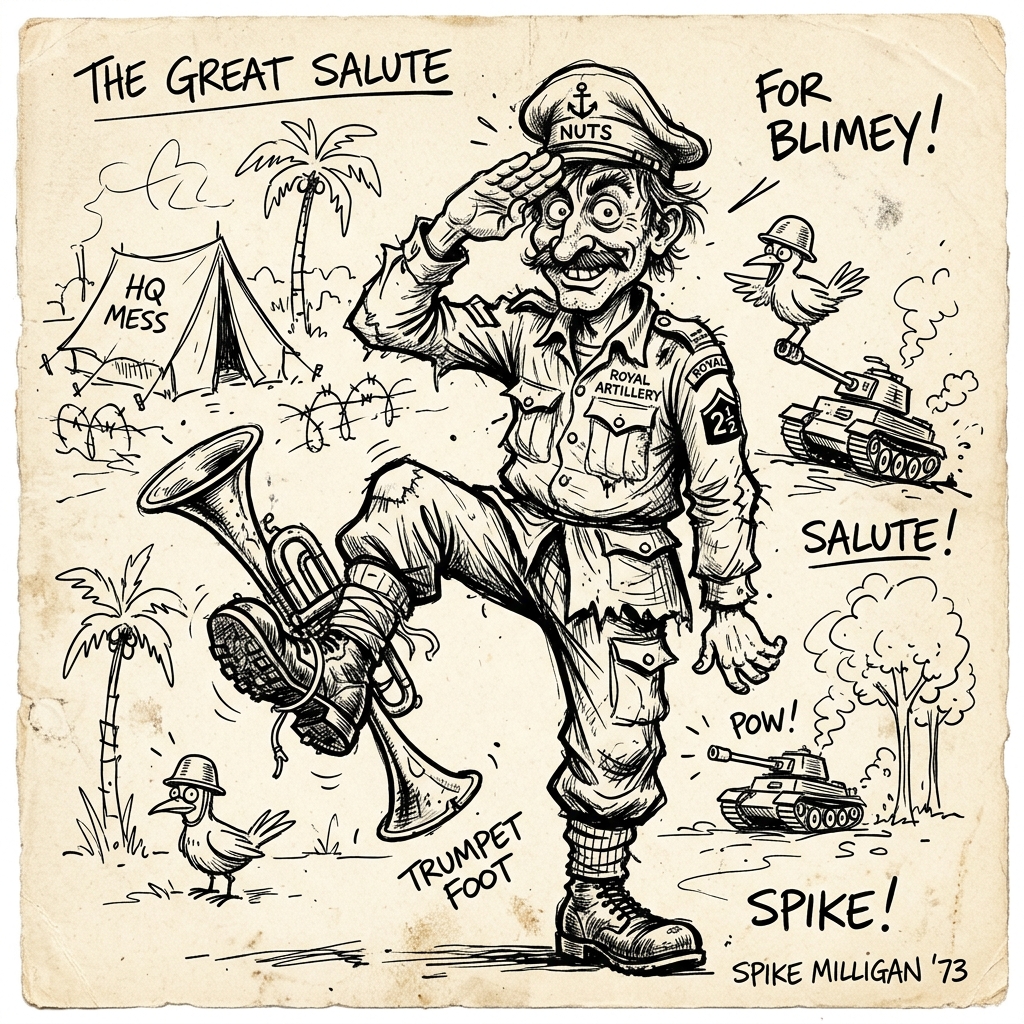 A silly cartoon soldier saluting with a trumpet on his foot.