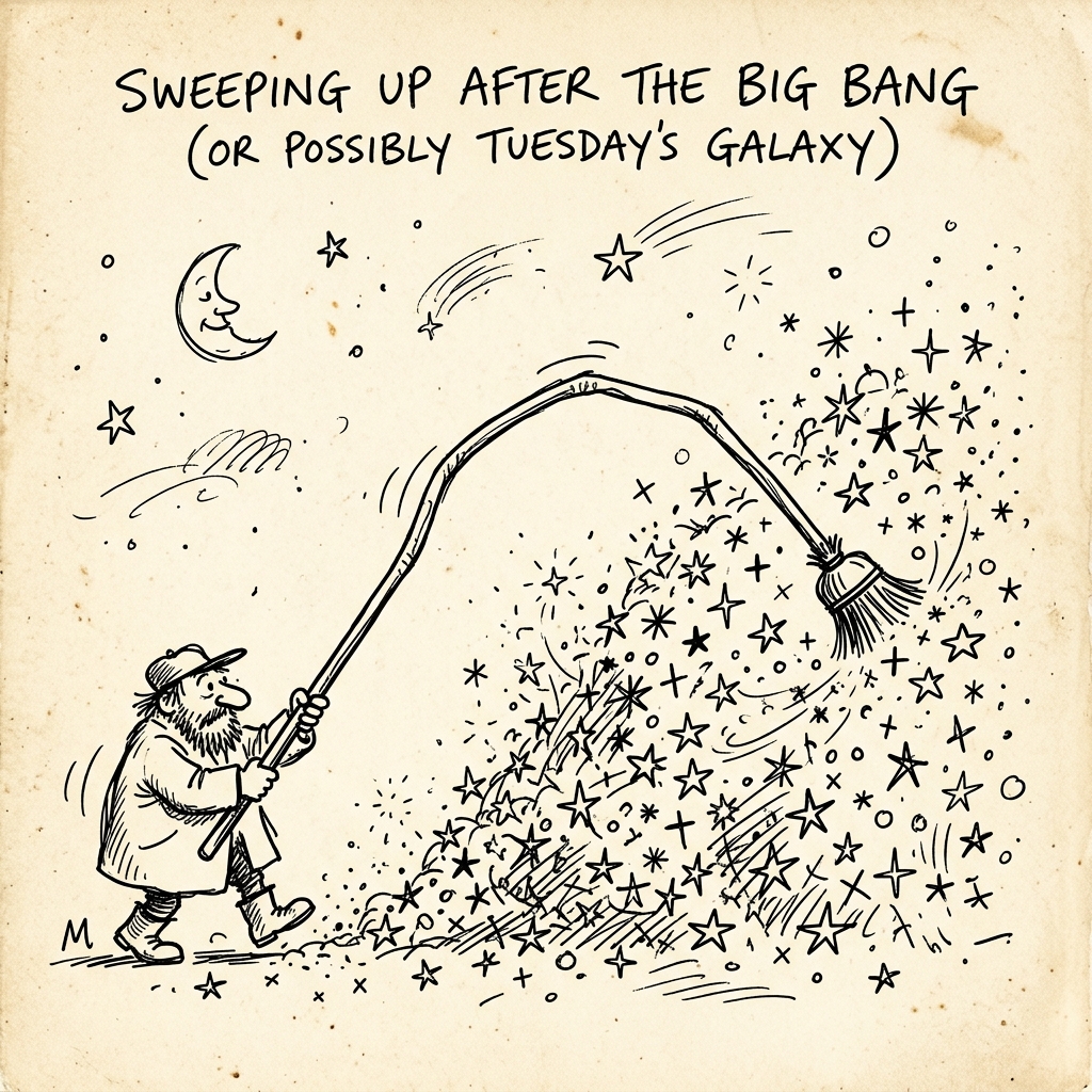 A whimsical line drawing of a giant broom sweeping up small stars.